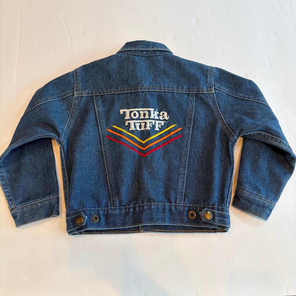 Vintage 80s Elkay Tonka Tuff Kids Denim Trucker Jacket Embroidered Size 4